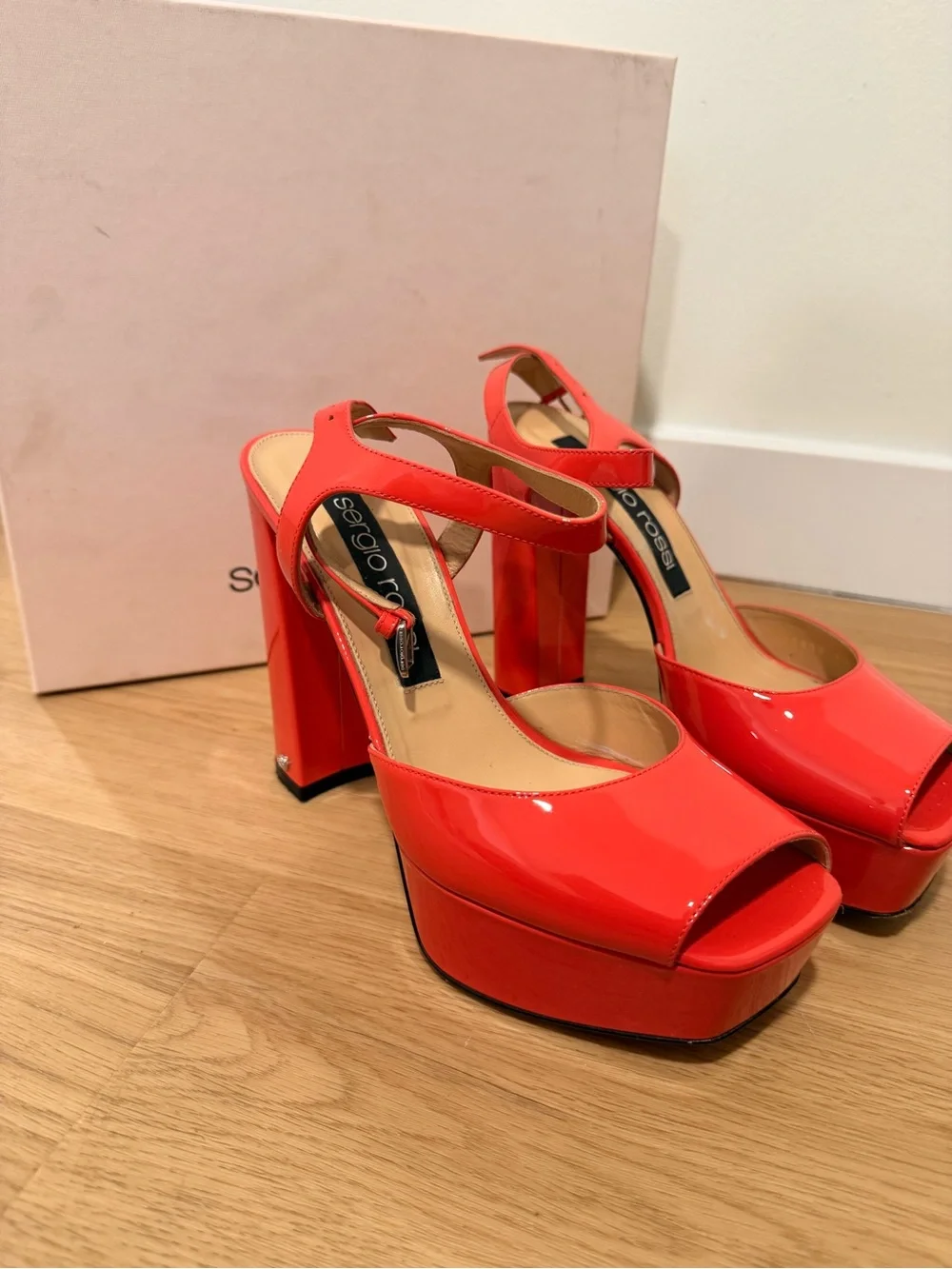 Sergio Rossi Coral Patent Platform Peep-Toe Sandals